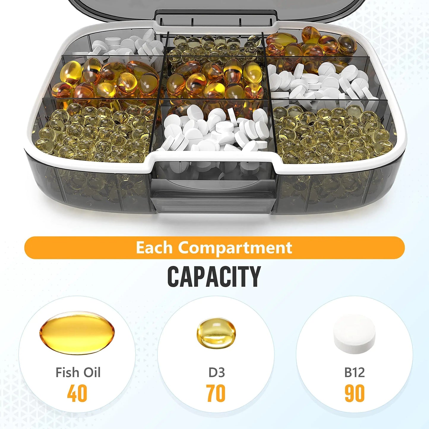 Extra Large Pill Organizer Medicine Case Black Pill Box Adjustable Compartment